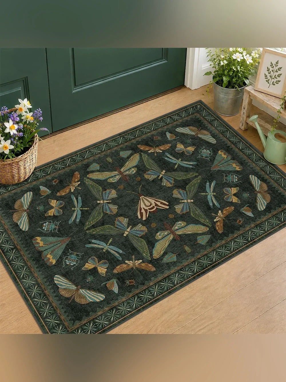 Dark Green Butterfly & Dragonfly Accent Rug 2ft by 3 ft